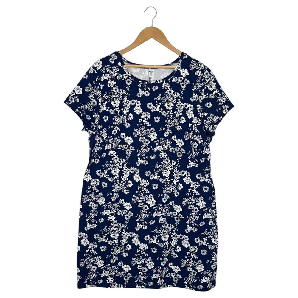 New Old Navy Dress Womens 2XL Floral Round Neck Short Sleeve Stretch Cotton Blue